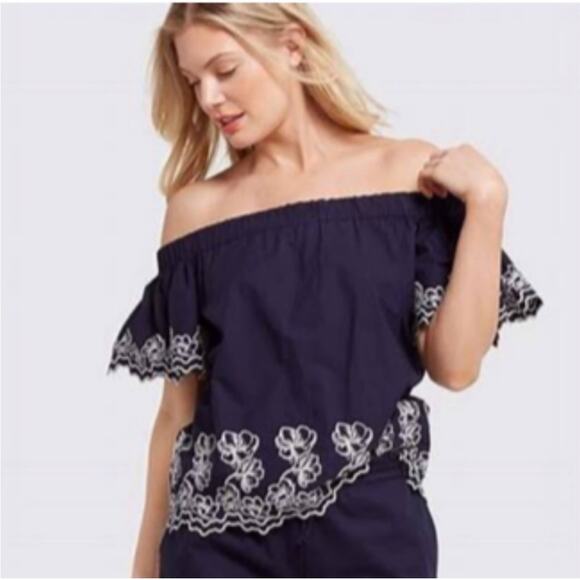 Draper James navy blue white floral embroidered top and short set Extra Large XL - Picture 1 of 16
